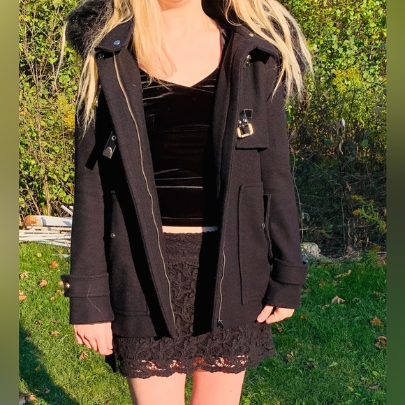 Zara Black 75% Wool Winter Jacket coat Hood with black fur metal Buckel pocket S - Picture 6 of 16